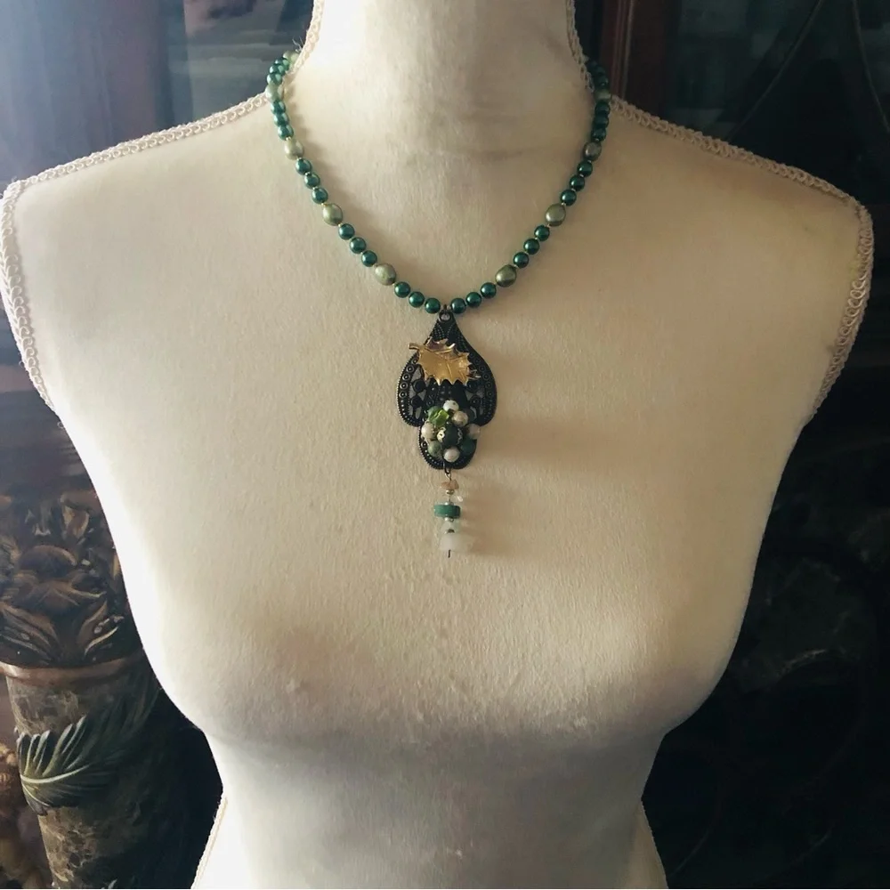 Handcrafted repurpose sage freshwater brass pendant Czech glass Pearl necklace
